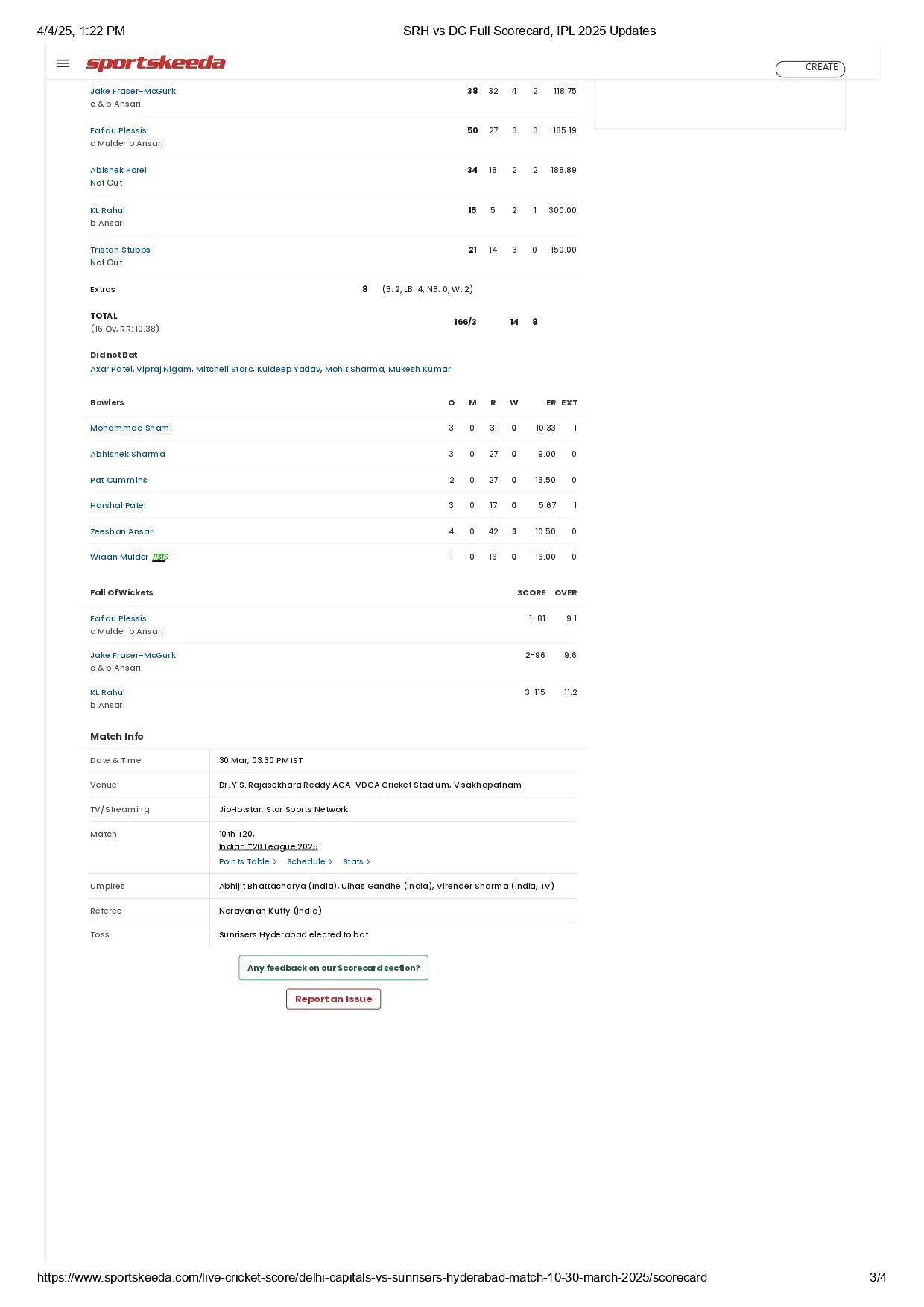 DC vs SRH IPL 2025 scorecard.